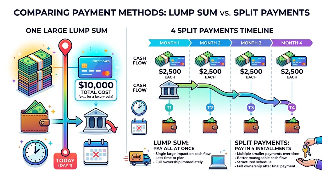 Diagram explaining how customer financing solutions split payments over time.